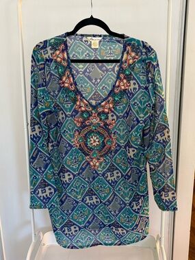 Lucky & Coco | Beaded V-Neck Printed Tunic Swimwear Cover-Up